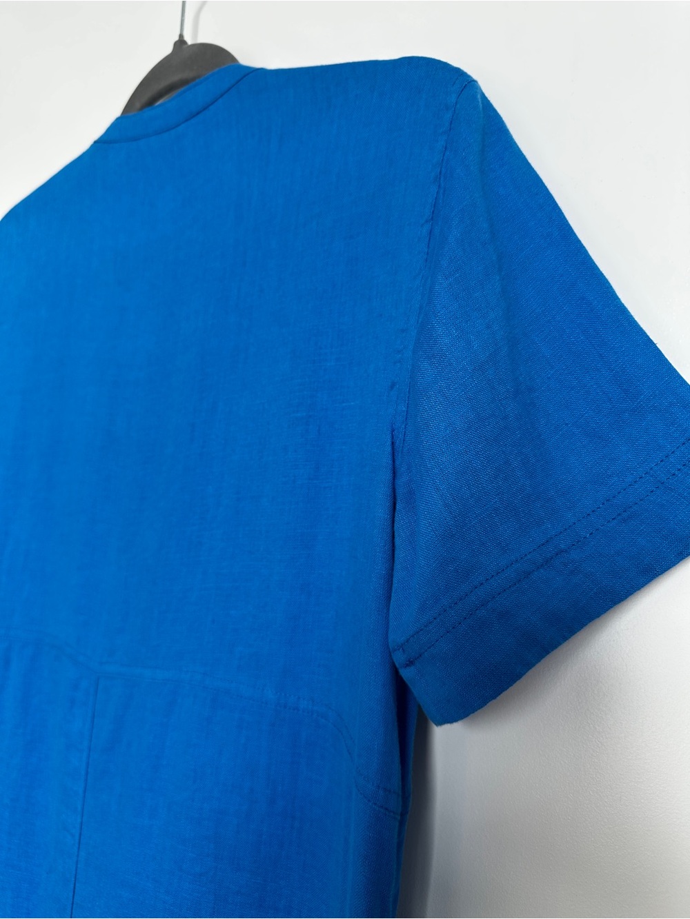 FOIL Classic Short-Sleeve Button Front Blue Linen Dress with Pockets (6) - Picture 11 of 13